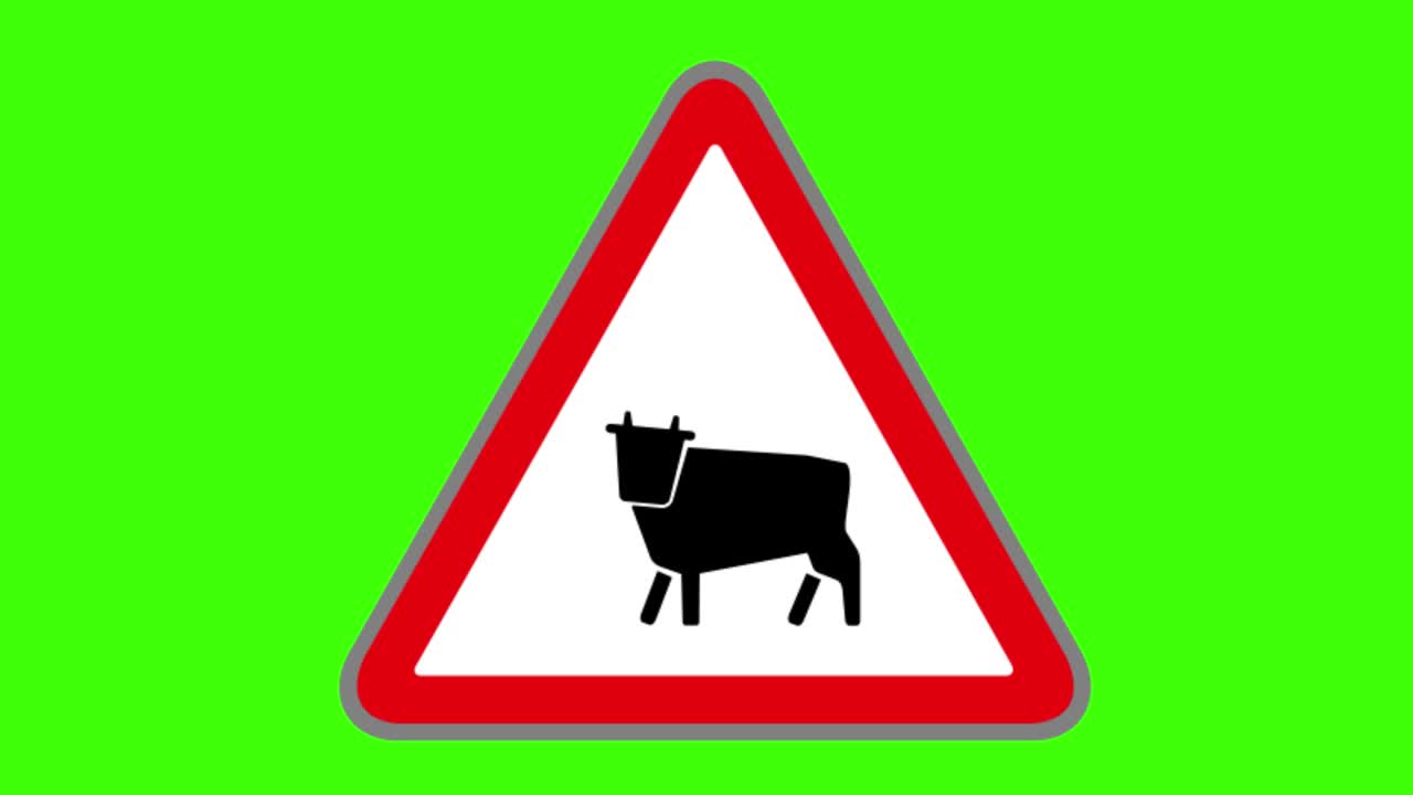 绿色屏幕，路标图标，前方农场动物危险视频下载