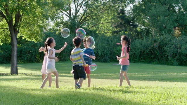 快乐儿童在草坪上吹泡泡视频下载