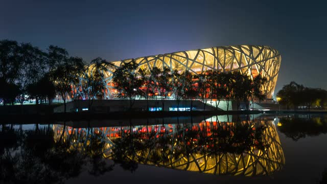 北京奥林匹克公园鸟巢夜景全景延时摄影视频下载