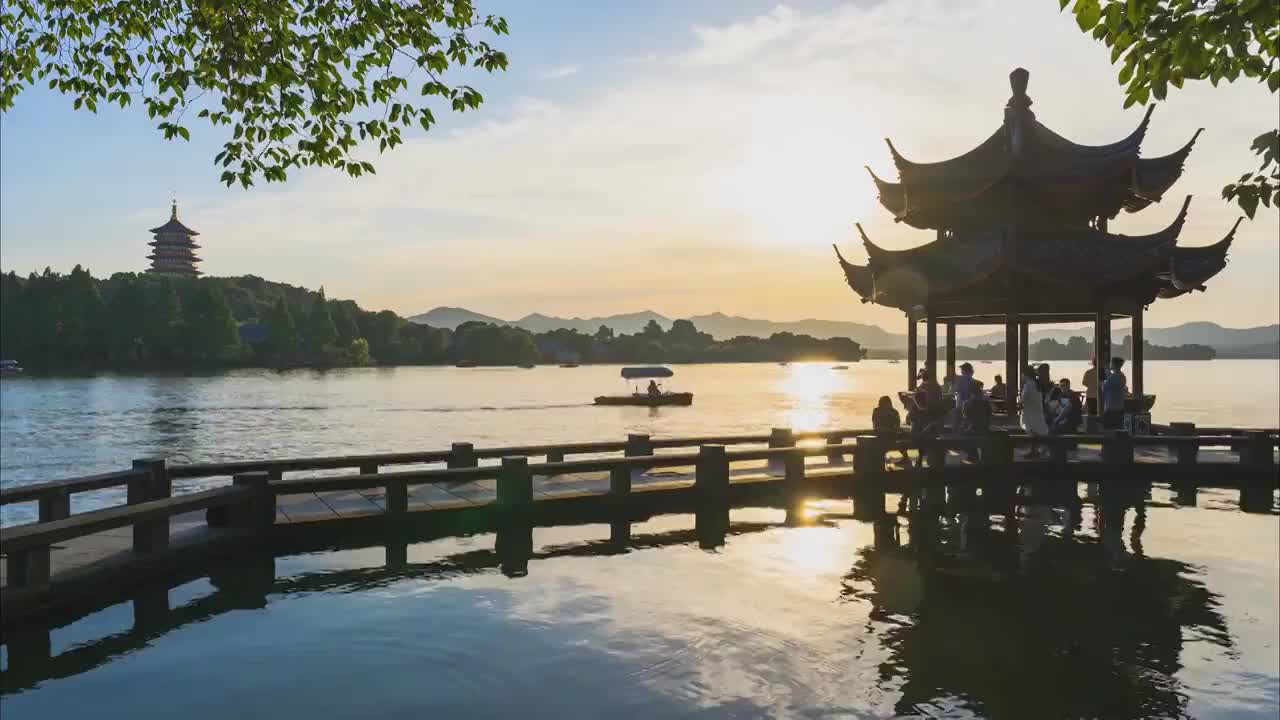 杭州西湖雷峰塔长桥日转夜延时视频视频下载