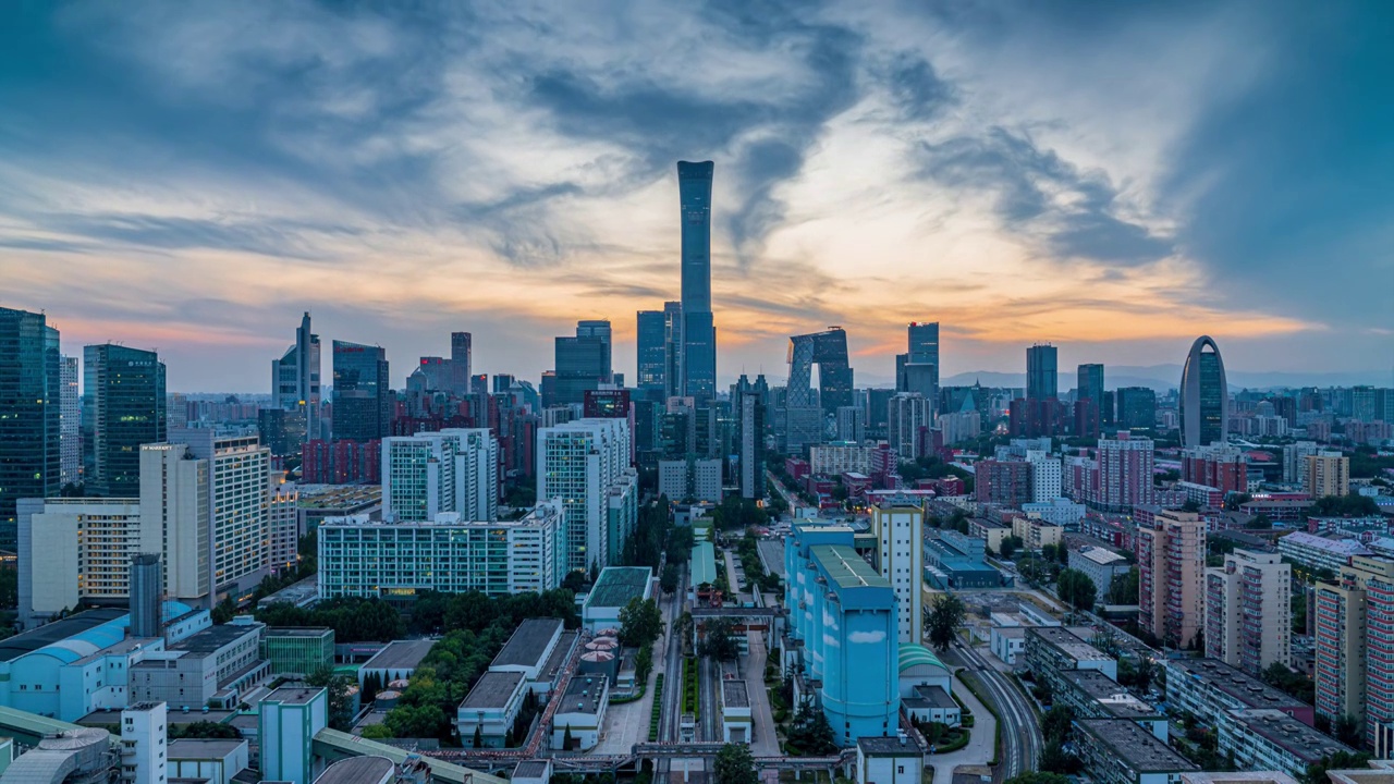 4K北京國貿城市天際線日落廣角固定機位延時視頻素材