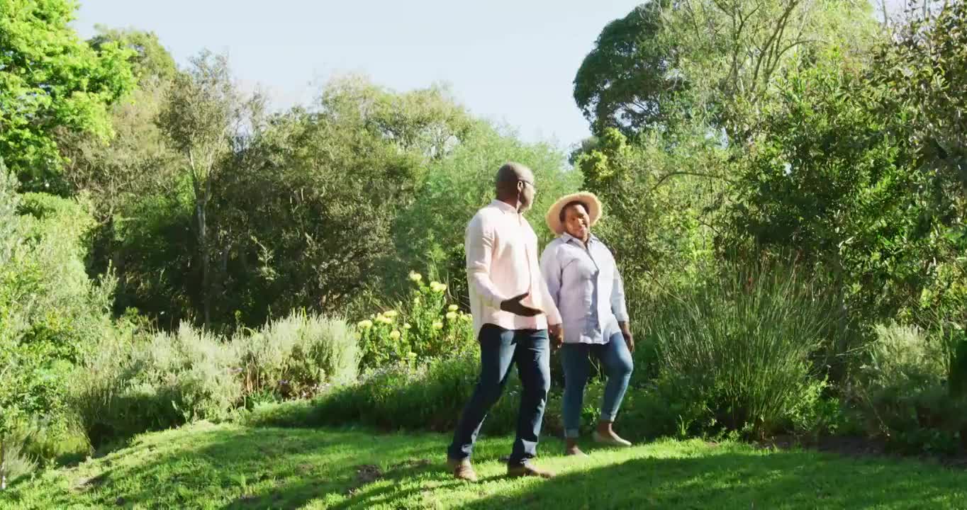 快乐的非裔美国老年夫妇在户外散步视频下载