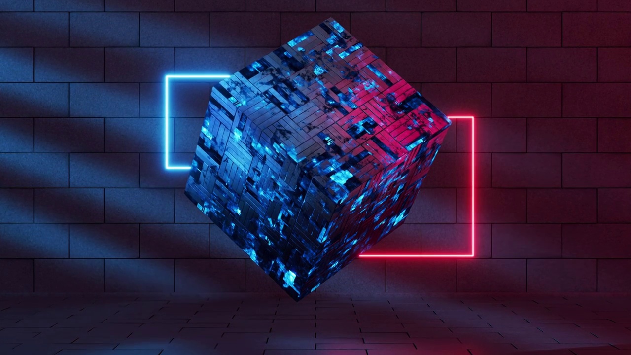 方块材料与霓虹背景3D渲染视频素材