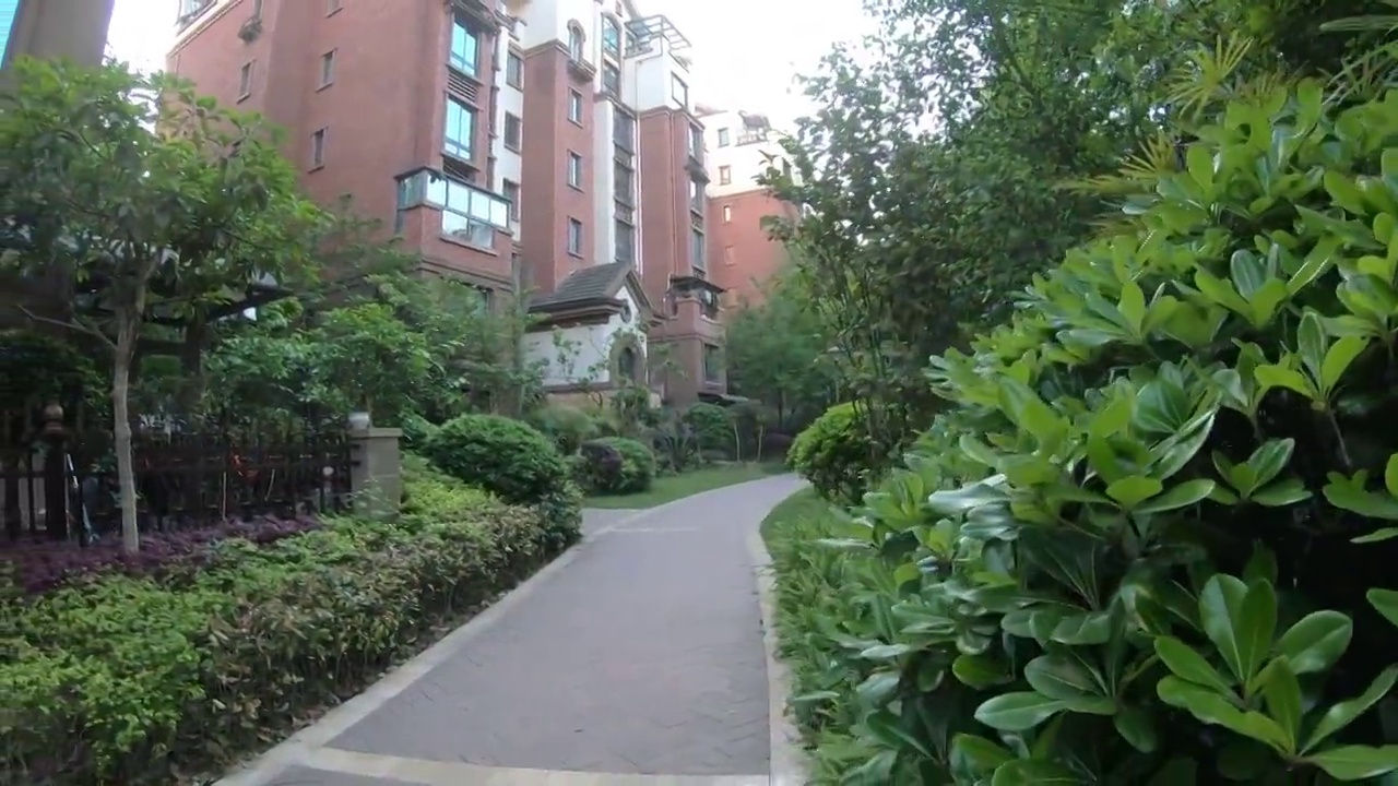 城市小区居住环境：小径旁边的植物视频下载