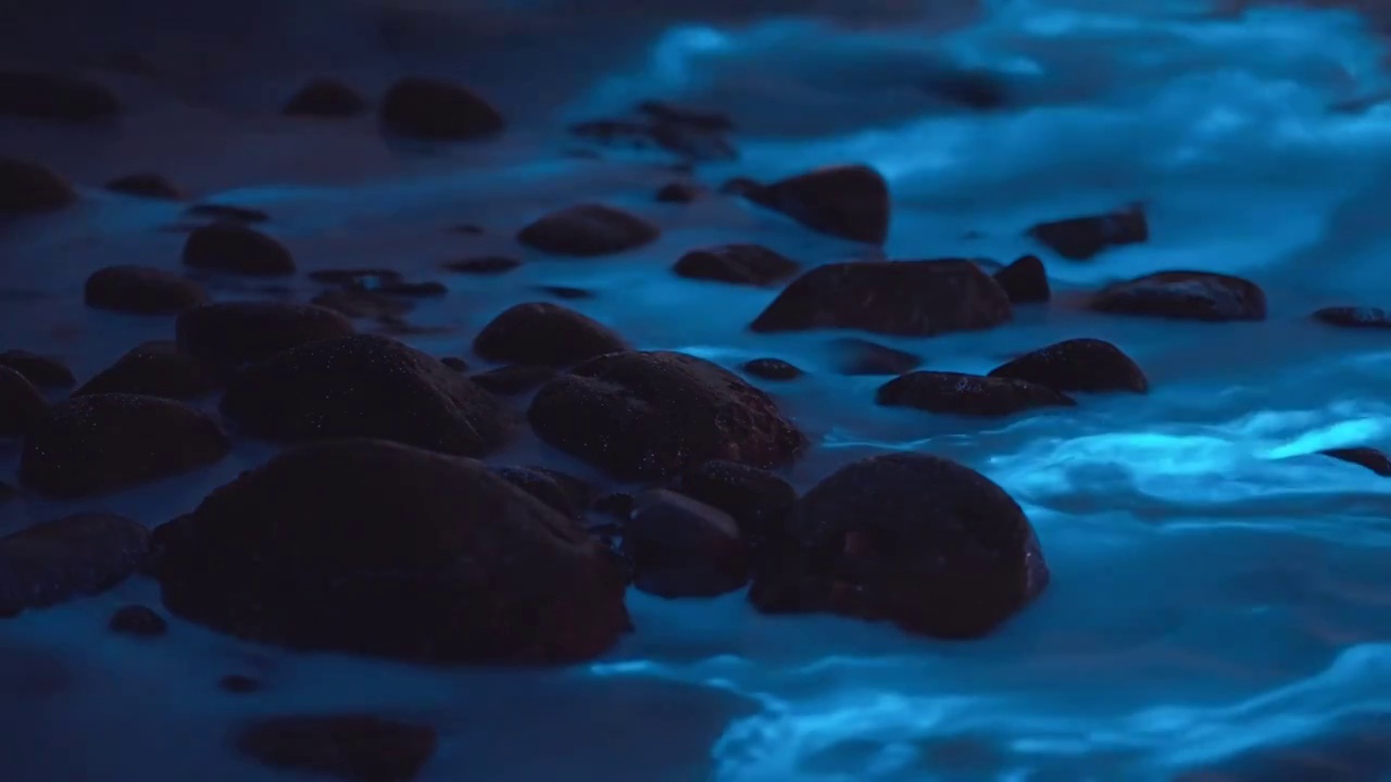 藍眼淚海浪沖刷礁石慢鏡頭視頻素材