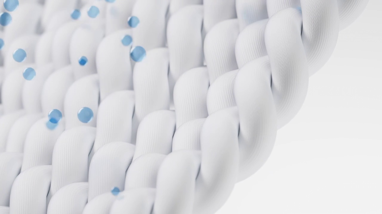 编织纺织纹理细节与清洁水珠3D渲染视频素材
