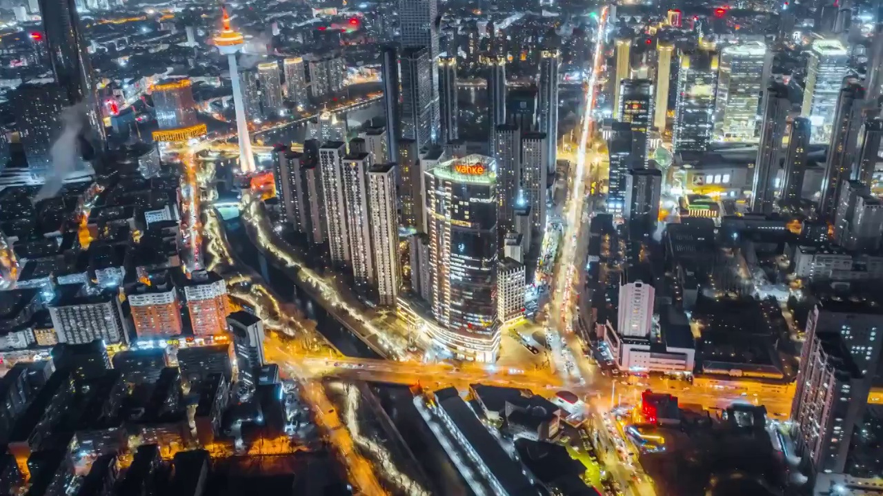 沈陽青年大街城市繁華地標建筑航拍夜景延時攝影視頻素材