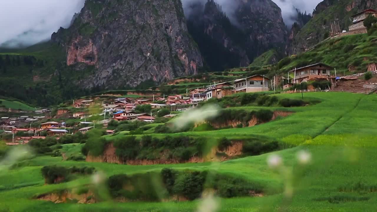 扎尕那山峰村莊野花視頻素材