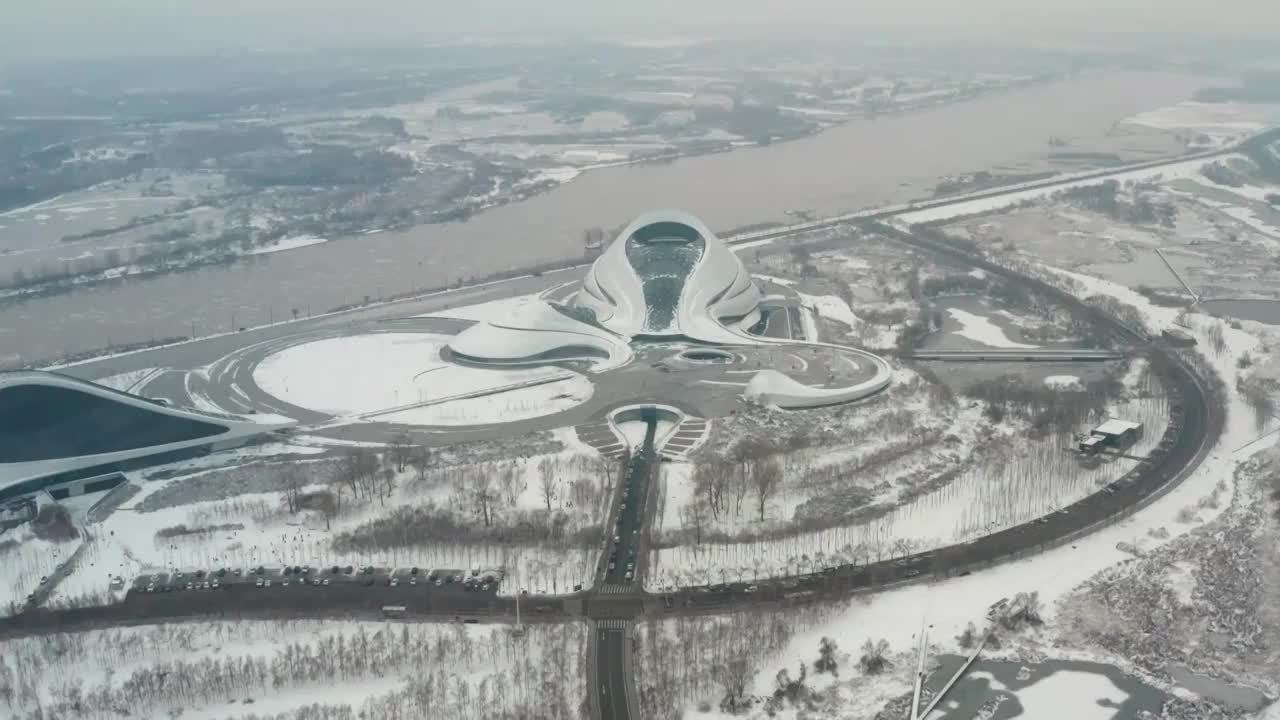 哈尔滨大剧院冬季风光航拍视频下载