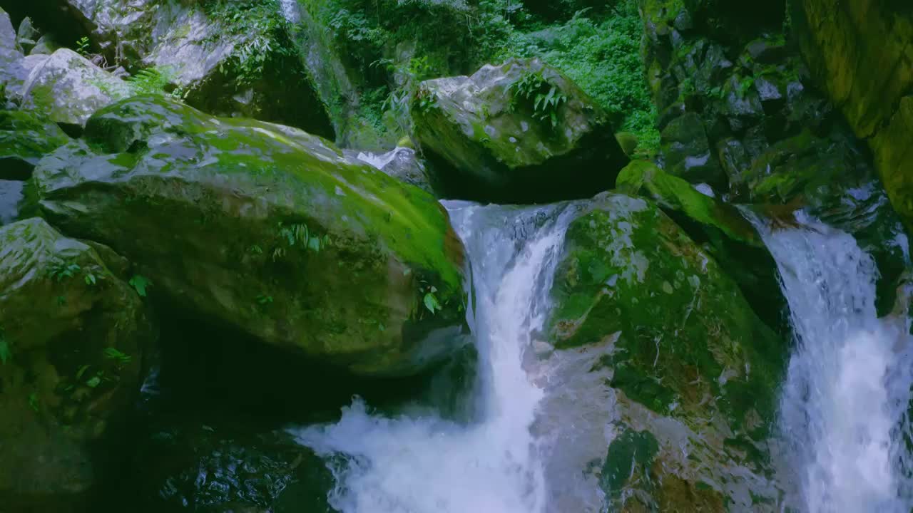 高黎贡山巨石山涧流水小瀑布视频素材