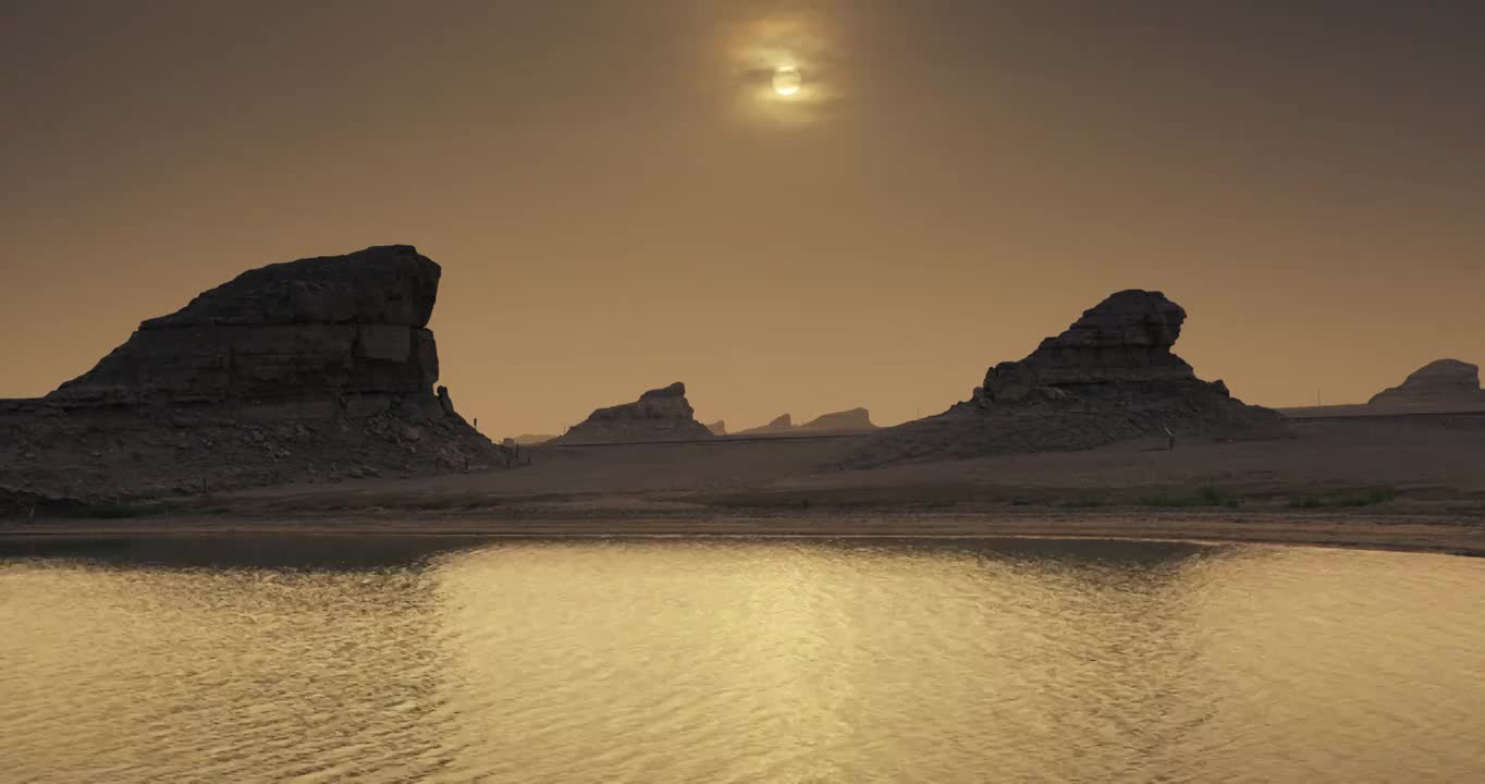 日落时的雅丹与湖泊，夕阳下的水上雅丹，水中的雅丹地貌视频下载