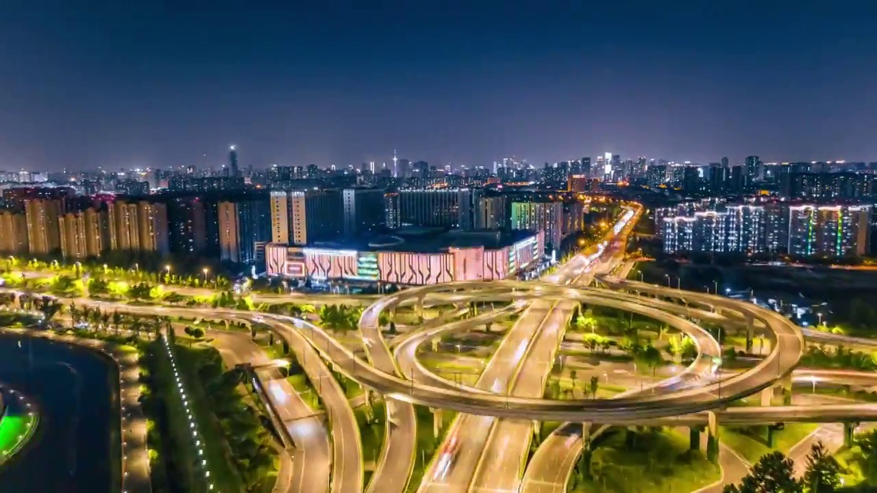 中国成都金牛区立交桥地标建筑露天音乐公园夜景视频素材