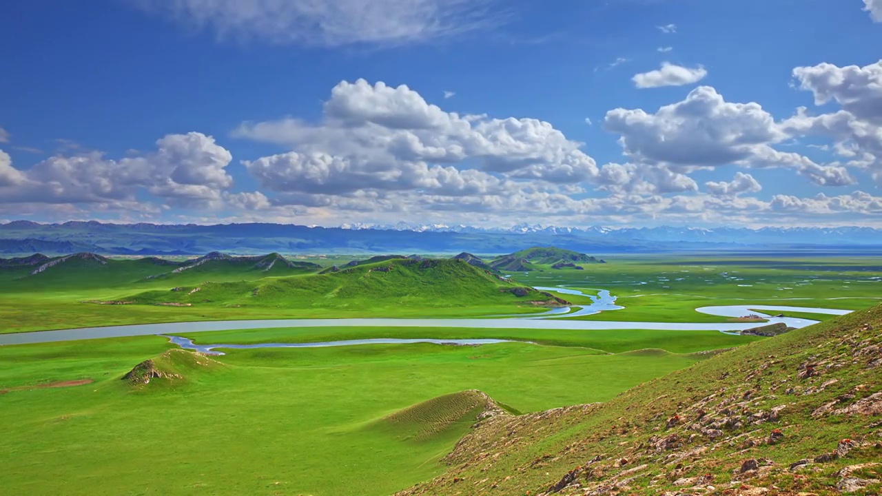 中國新疆彎曲的河流和綠色草原風光延時攝影視頻下載