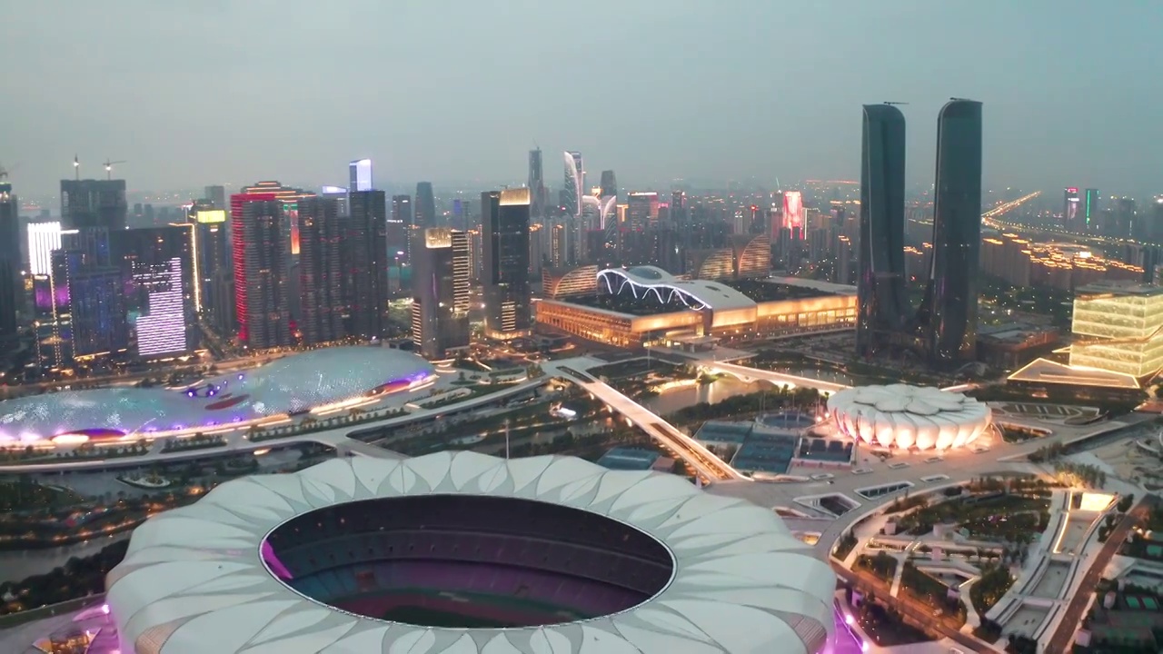 杭州亚运会奥体中心城市风光航拍视频素材