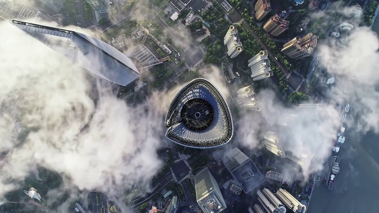 航拍上海城市建筑风光平流雾视频购买