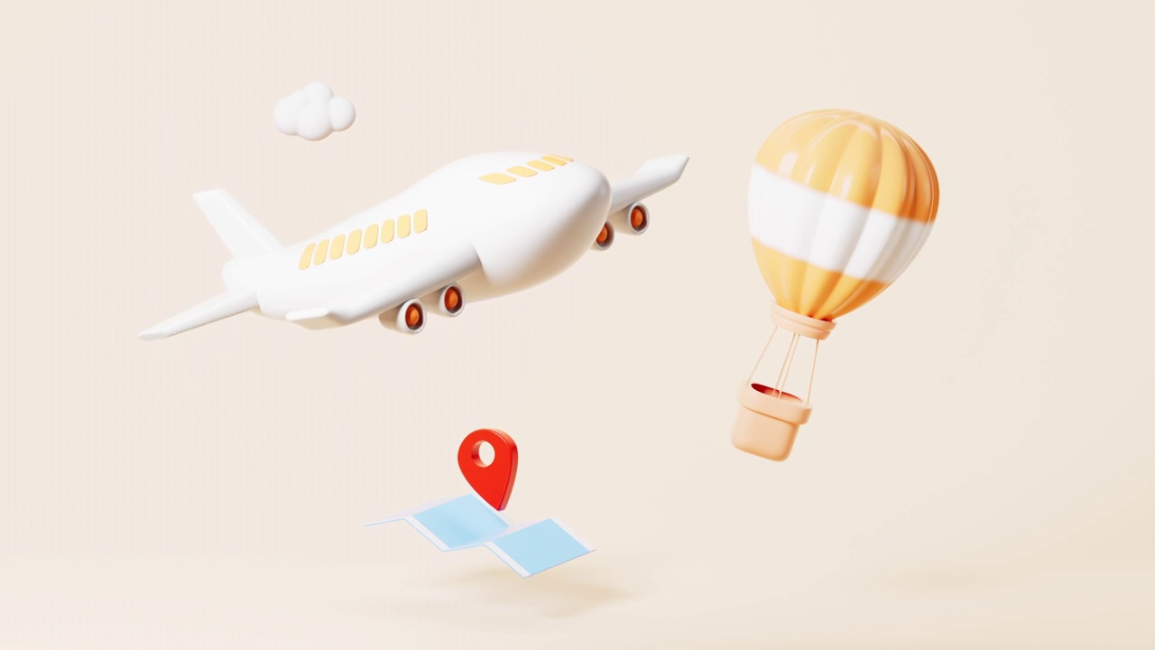 卡通飞机和热气球场景动画3D渲染视频素材