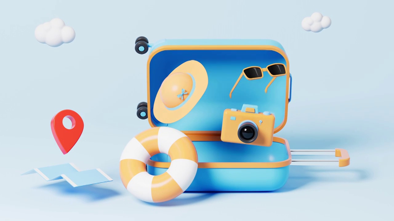 行李箱与旅游主题动画3D渲染视频素材