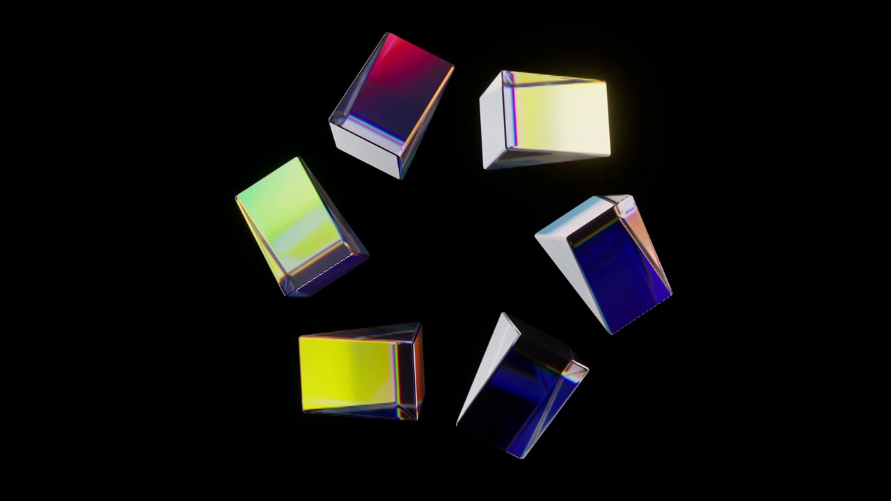 抽象多彩玻璃几何体与黑色背景3D渲染视频素材