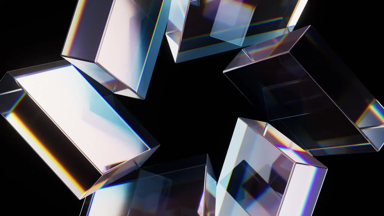 抽象多彩玻璃几何体与黑色背景3D渲染视频素材