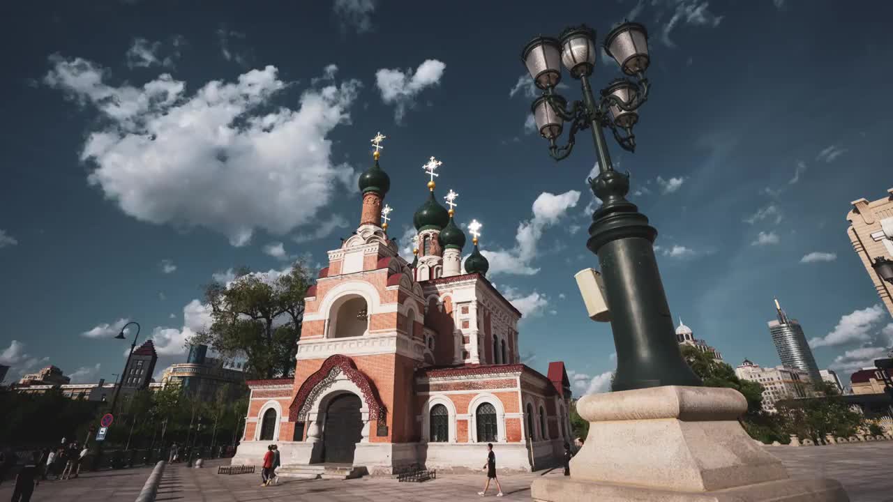 哈尔滨教堂建筑延时摄影视频素材
