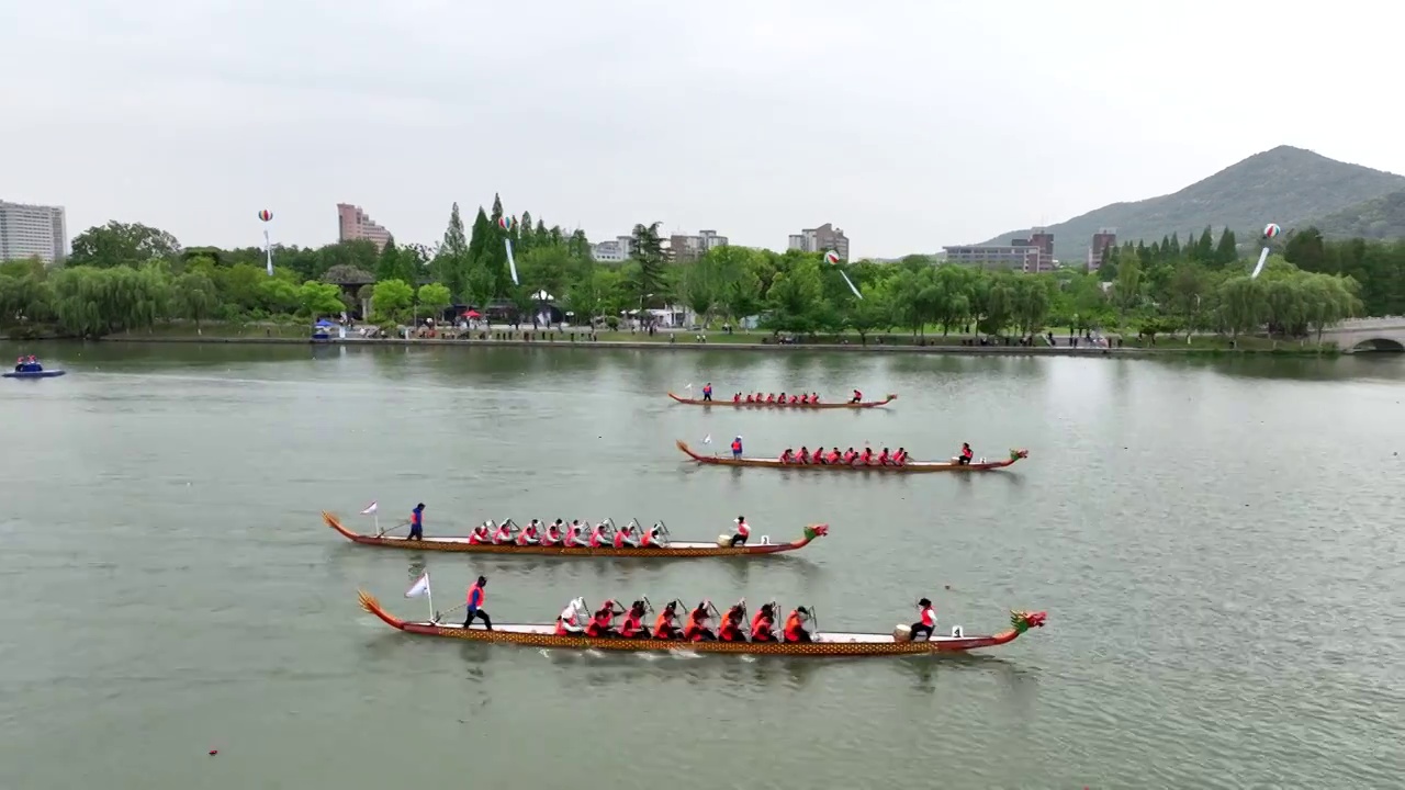 江苏省南京玄武湖端午龙舟赛，端午划龙舟比赛视频素材