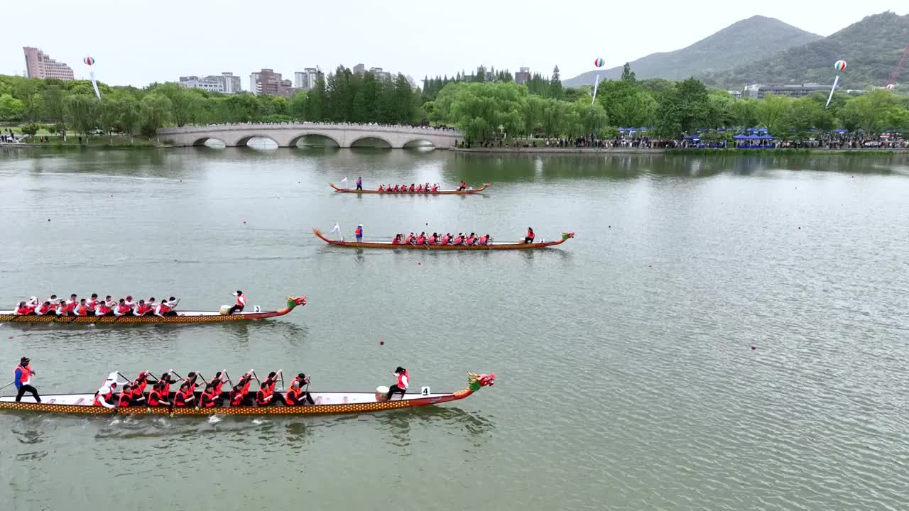 南京玄武湖端午龙舟赛，端午划龙舟比赛视频素材