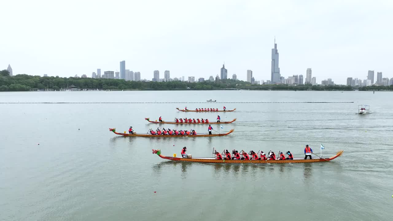 南京玄武湖端午龙舟赛，端午划龙舟比赛视频素材