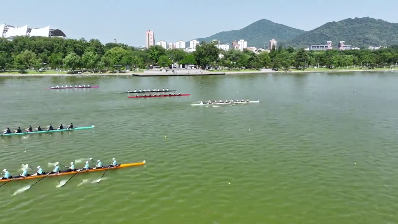 南京玄武湖公园水上运动，赛艇比赛视频素材