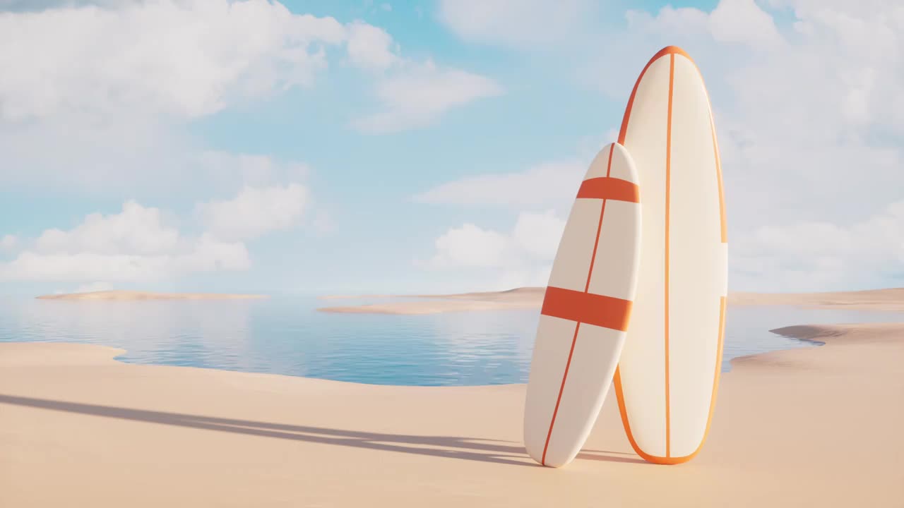 沙滩上的橙色冲浪板3D渲染视频下载