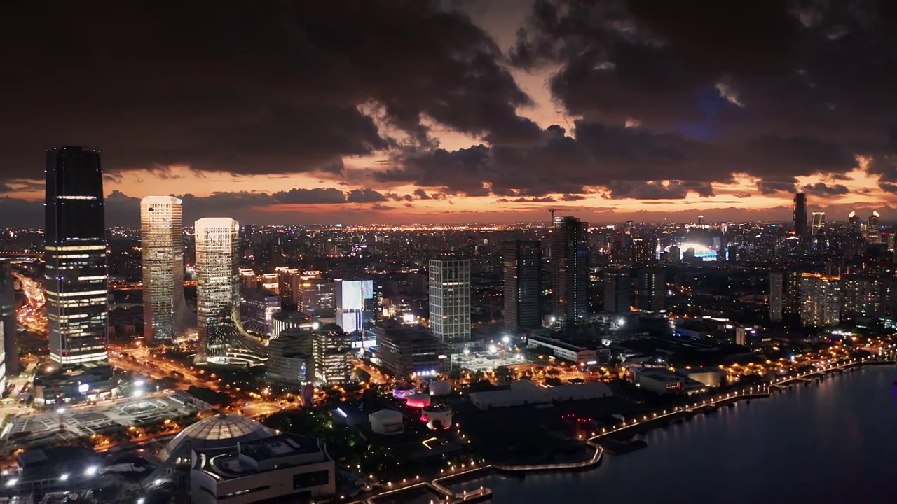 航拍上海滨江两岸城市CBD建筑群夜景视频素材
