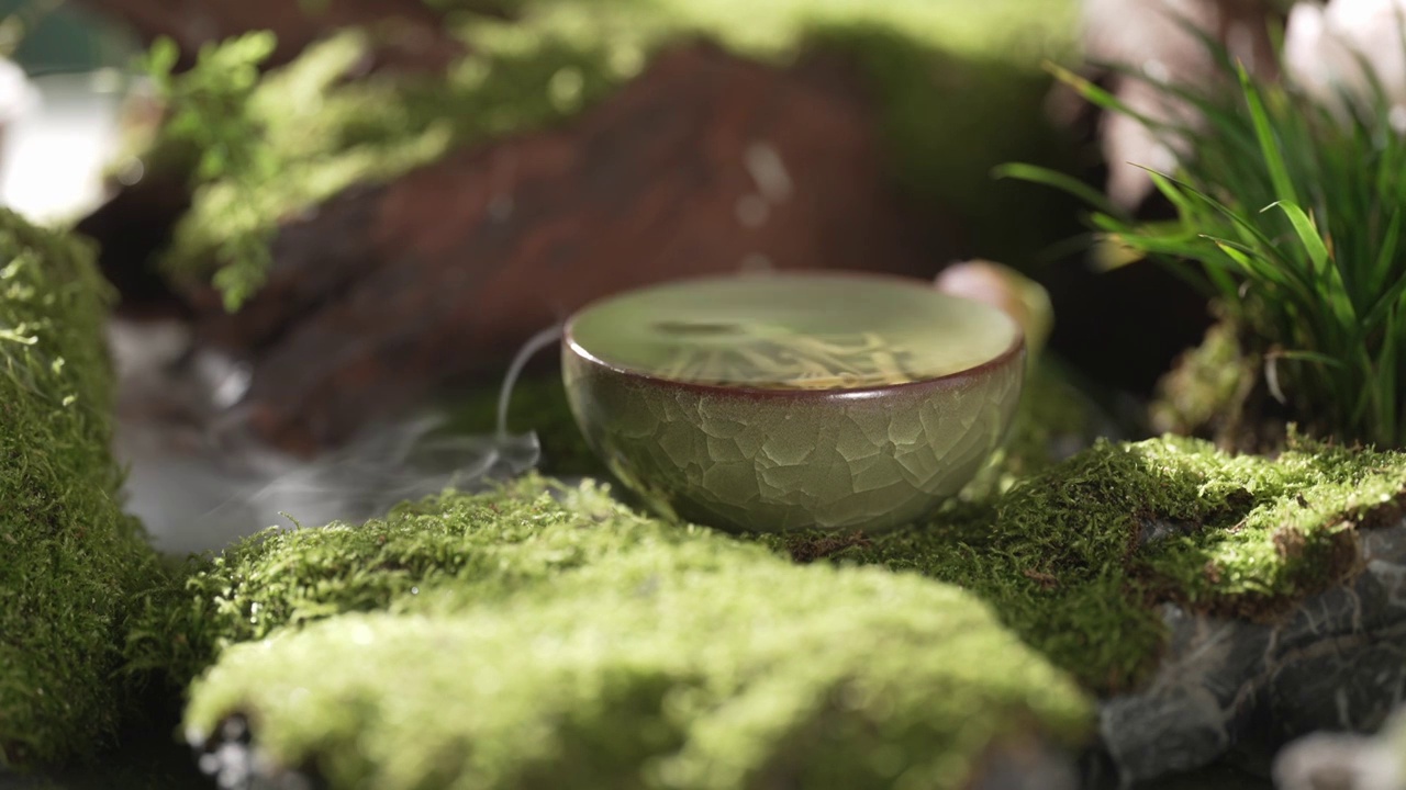 青苔石涧上的茶杯视频素材