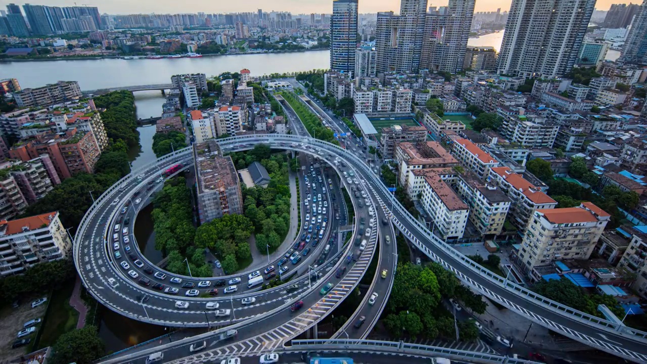 中国广州洲头咀立交繁忙车流延时摄影航拍视频素材
