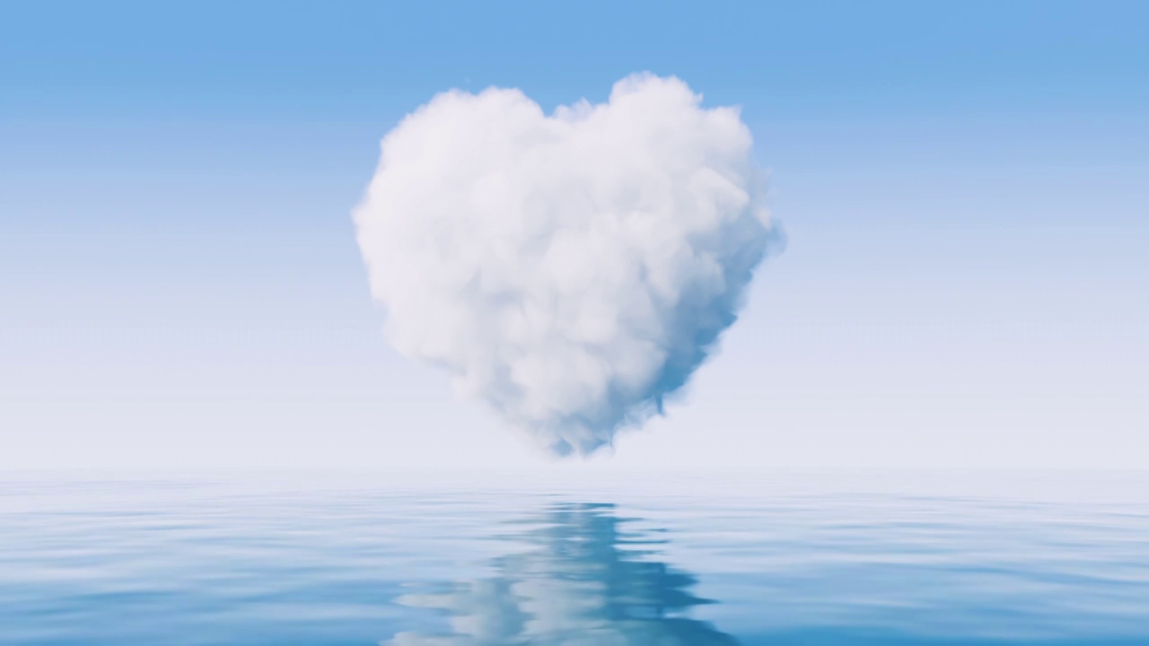 水面上心形的云朵3D渲染视频素材
