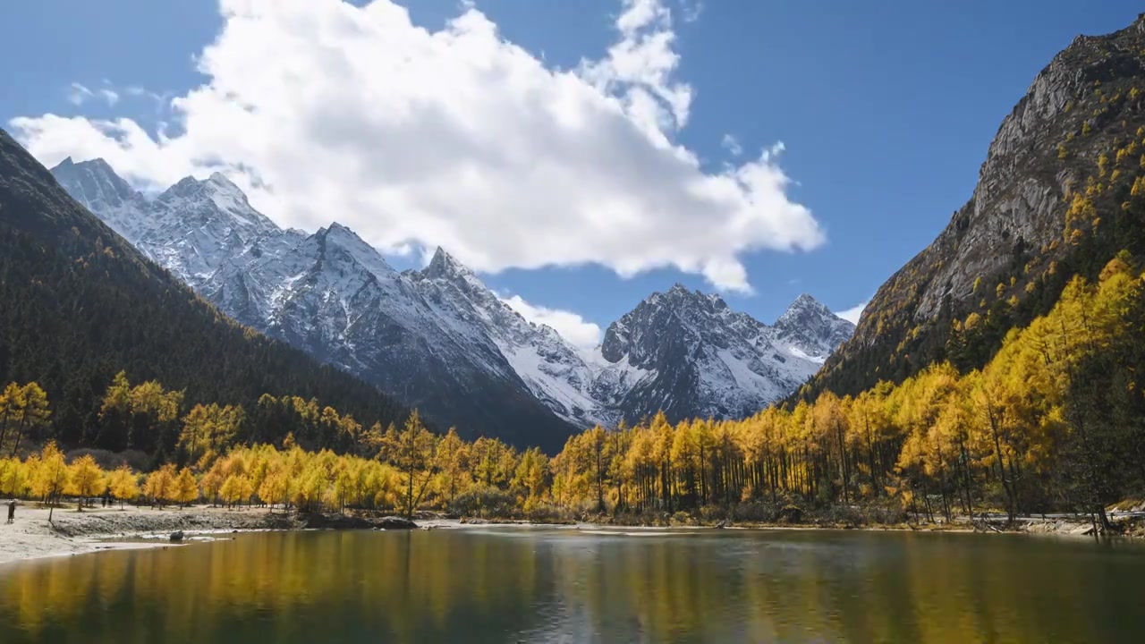 秋季毕棚沟雪山下的湖泊和森林延时摄影视频下载