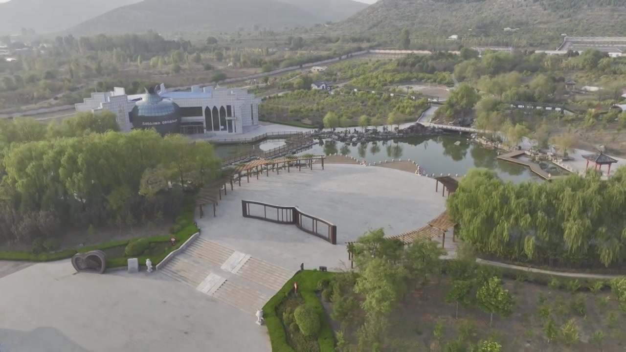 中国山东枣庄市石榴博览园航拍视频下载