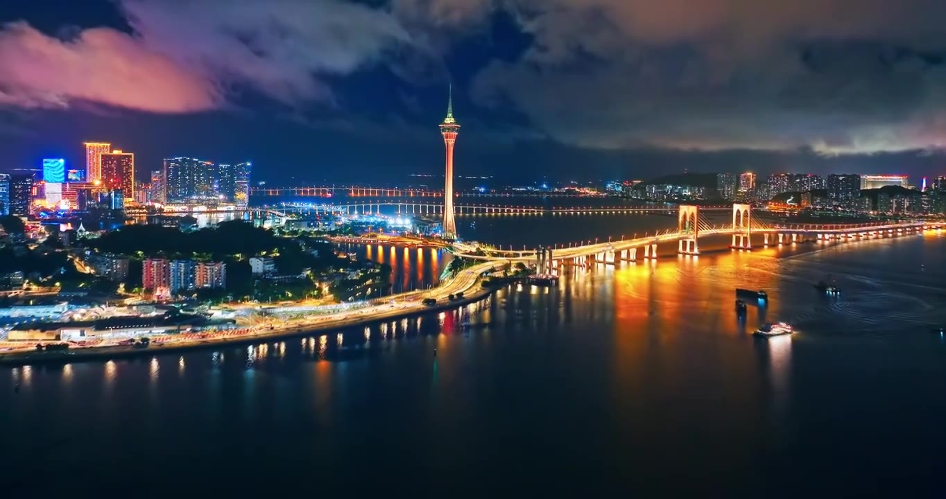 航拍澳门城市天际线夜景,无建筑商标创意类视频视频素材