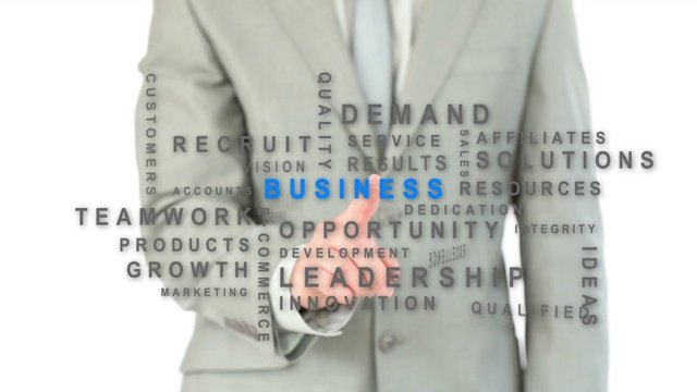 男人在白色背景下触摸“business”这个词视频下载