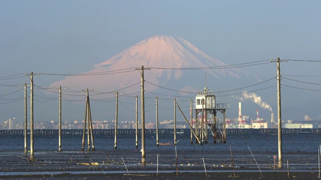 Telephone poles in Tokyo Bay with Mt. Fuji in background視頻素材