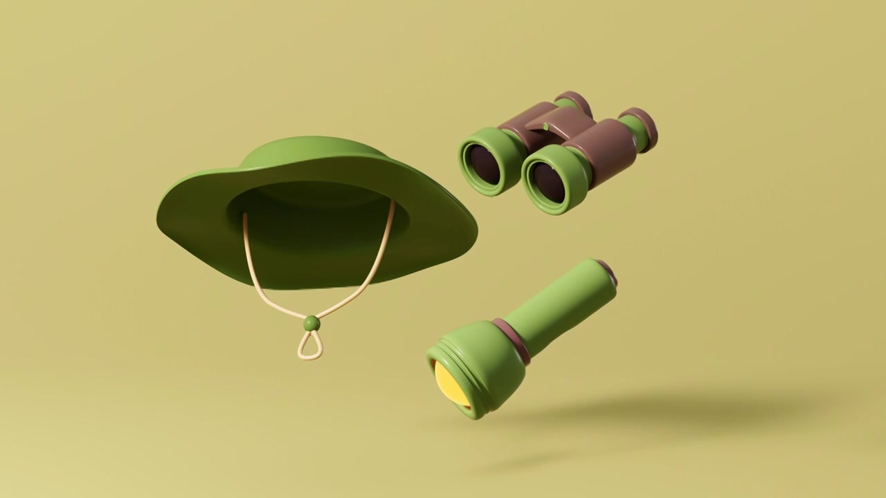 卡通野营帽子和望远镜动画视频下载