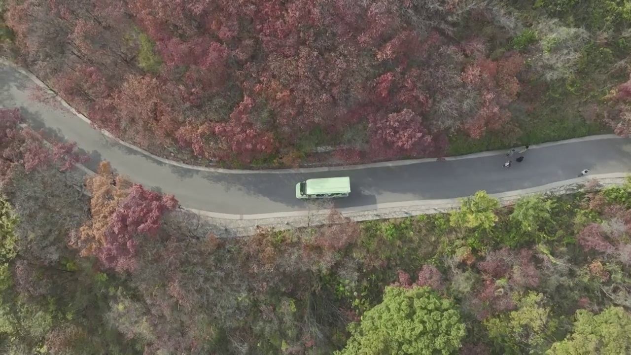 山东济南红叶谷景区蜿蜒的盘山公路航拍视频下载