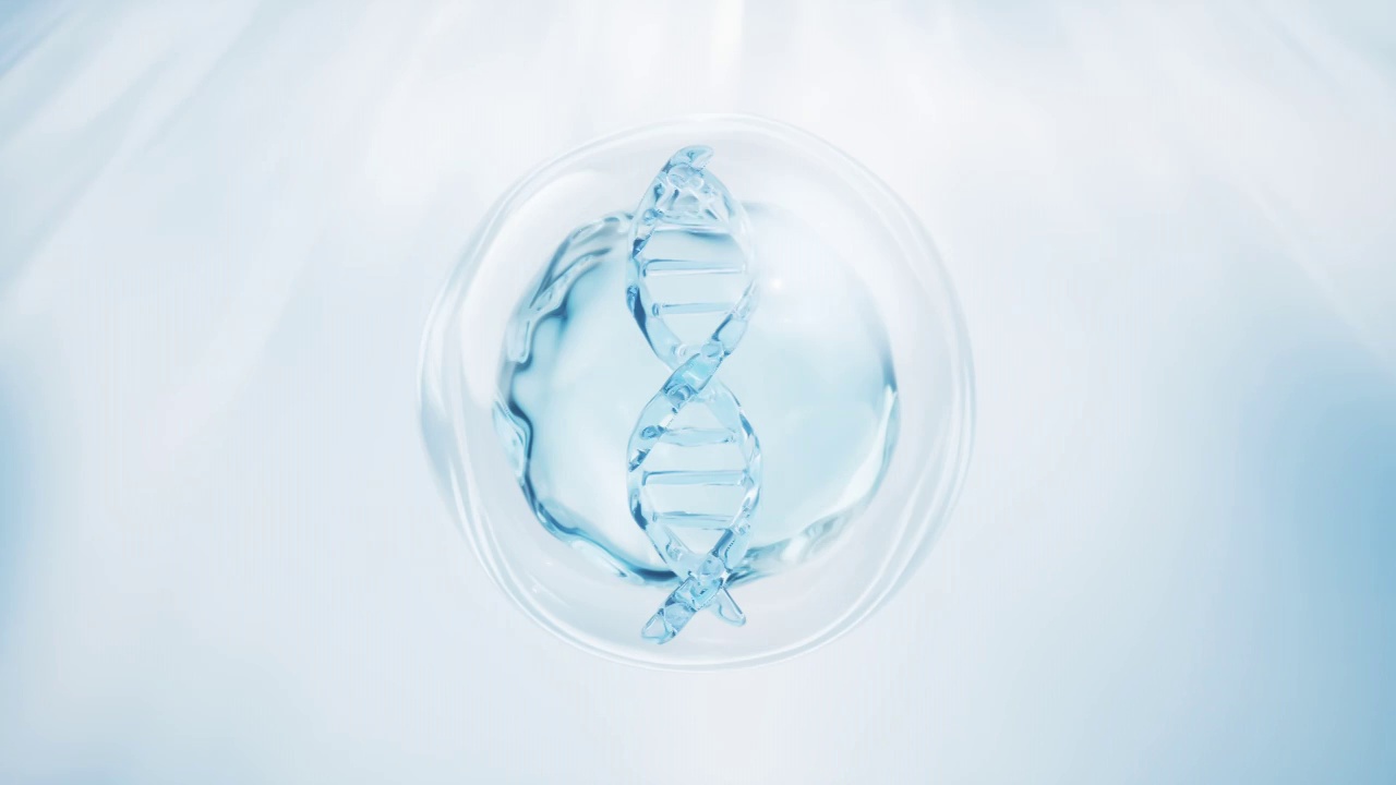 透明DNA与蓝色水珠生物护肤品3D渲染视频素材