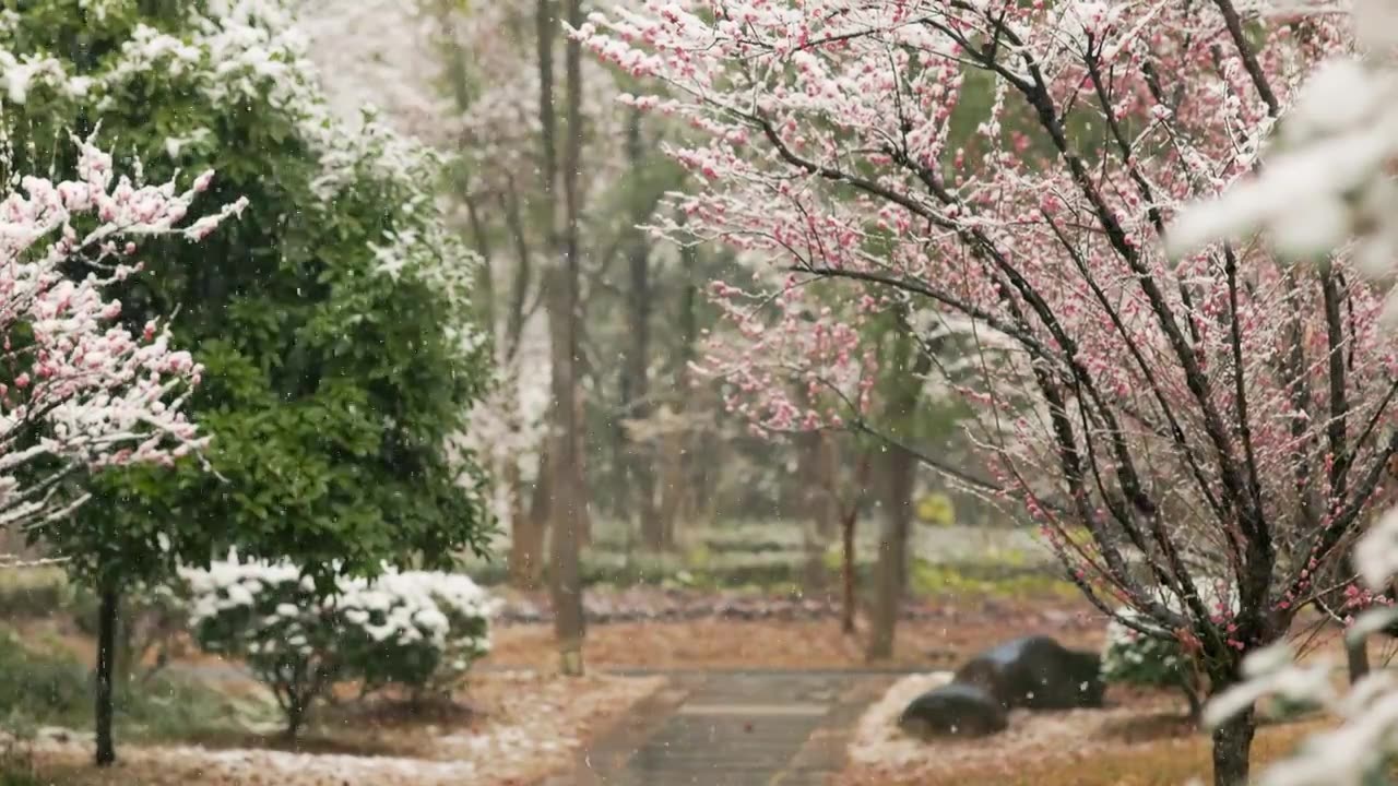 雪中树林间盛开的梅花花枝视频素材
