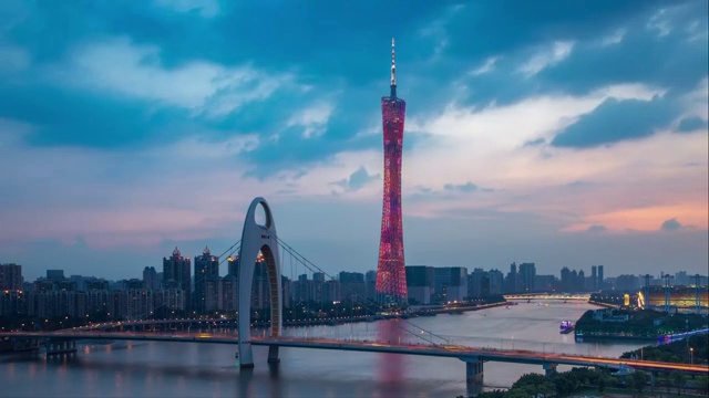 天河区广州塔与猎德大桥延时日落视频下载