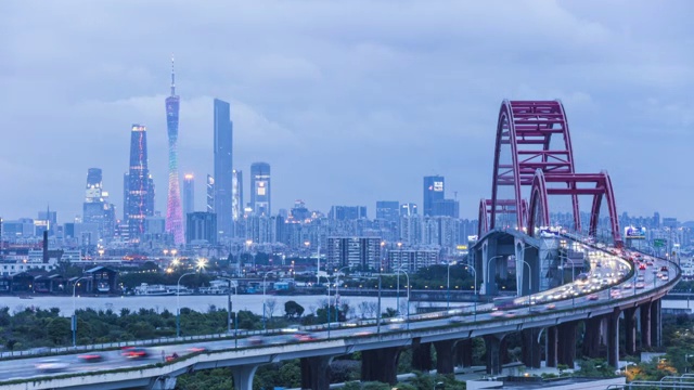黄昏日落广州新光大桥车流与CBD地标视频素材