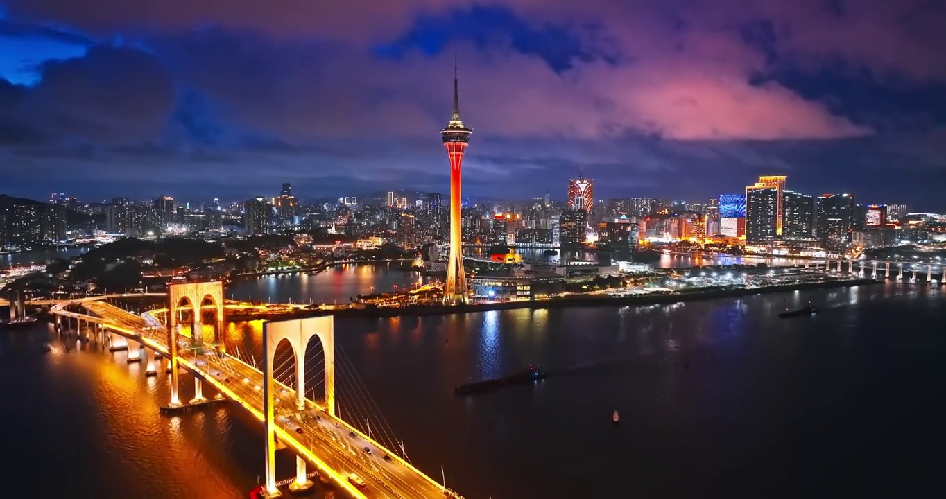 航拍澳门城市天际线和现代建筑风光在夜晚视频素材