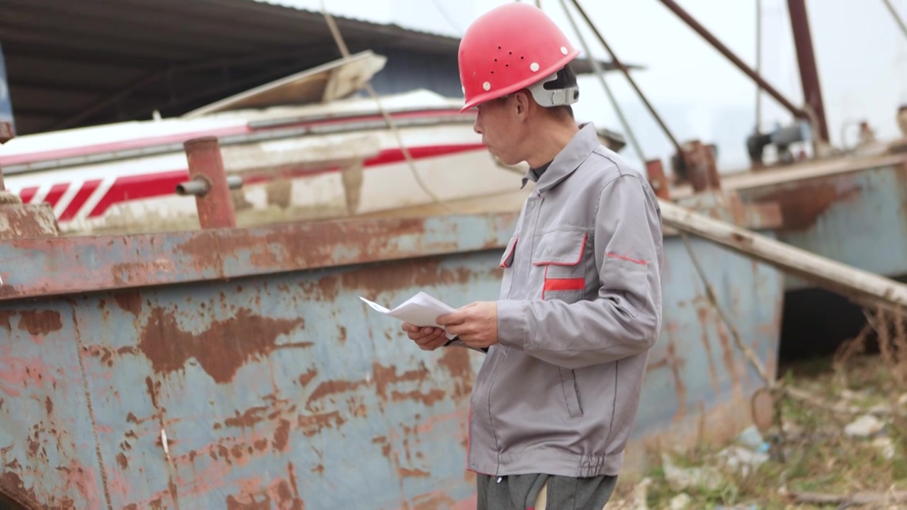 一个亚洲男性工人在船厂工作视频下载