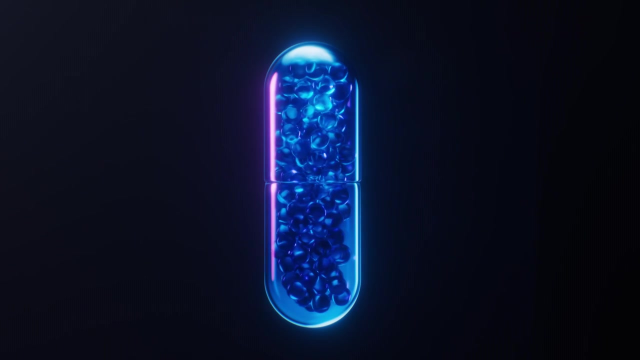 医药胶囊与霓虹灯光效果循环动画3D渲染视频下载