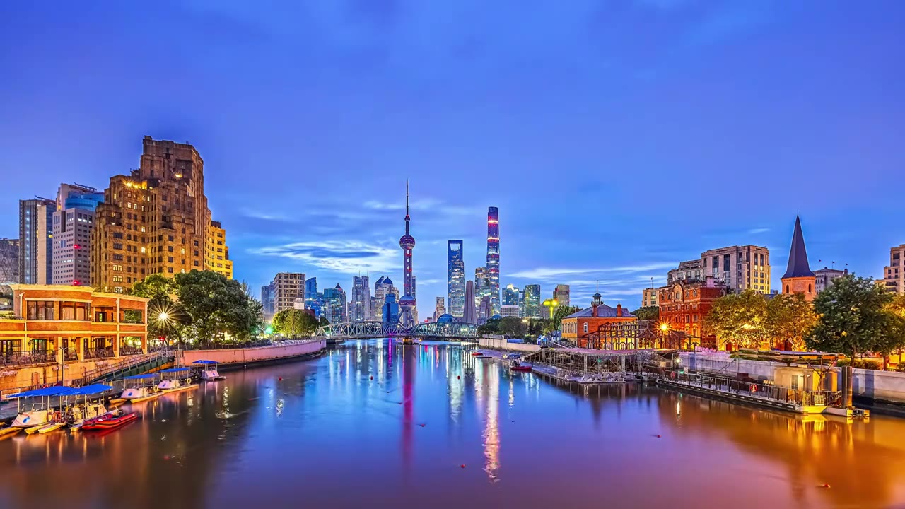 上海城市天际线和河流延时视频素材