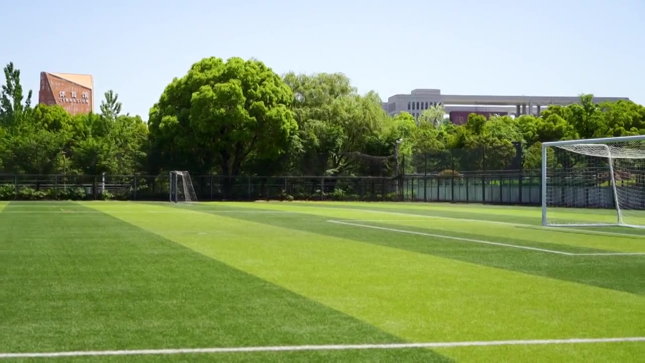 晴朗天气大学校园里露天人造草坪足球场的景观视频下载