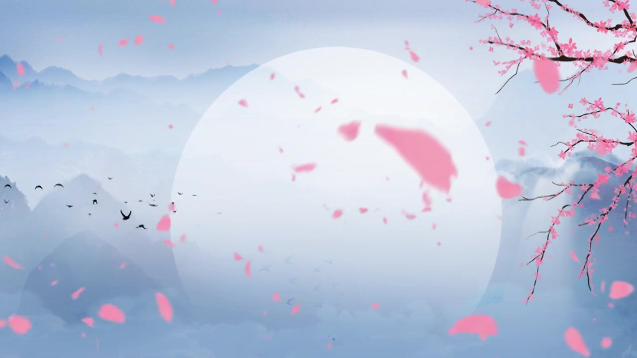 中国风山水水墨月亮花瓣飘落唯美背景视频视频下载